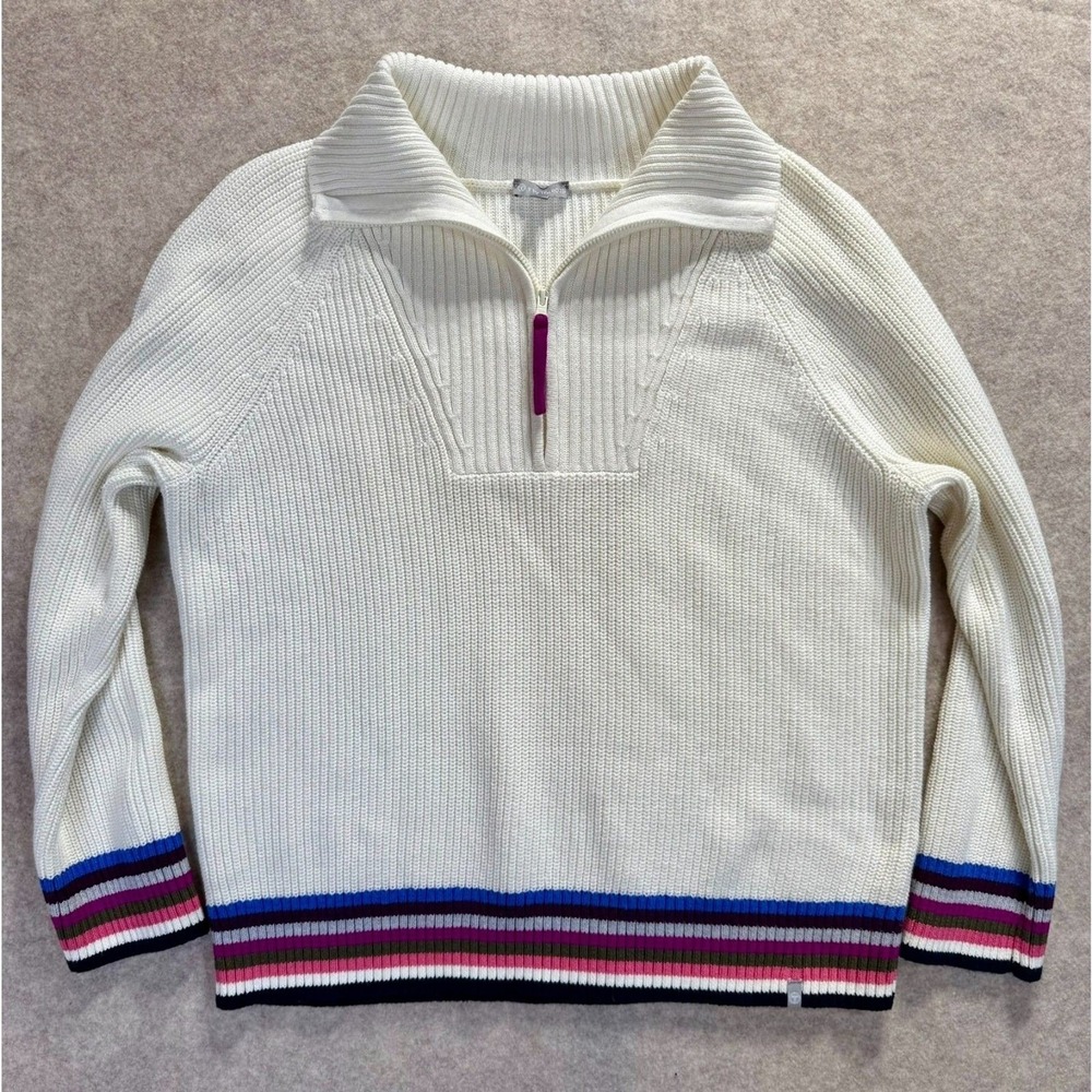 T by Talbots Womens XLP White Ribbed Quarter Zip Sweater Striped Coolmax Cotton